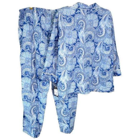Lauren Ralph Lauren Women Sz XL Cotton Blend LS  2PC Pajama Set Blue Paisley NWT - Picture 2 of 10